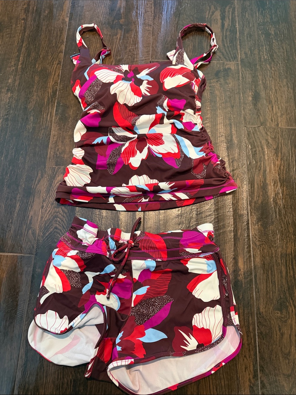 Athleta Burgundy Floral Tankini Top and Swim Shorts
